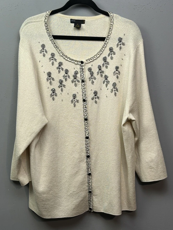 Cárdigan suéter Grace Elements para mujer 3X blanco con cuentas floral mezcla de seda lúrex Foto 1 de 4