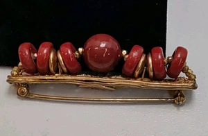 Miriam Haskell Red & Gold Tone Bead Brooch 2" Long - Picture 1 of 4