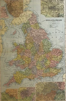 MAPA ORIGINAL INGLATERRA Y GALES 1898 LONDRES BIRMINGHAM BRISTOL LIVERPOOL MANCHESTER Foto 1 de 4