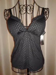 NWT • Kensie Tankini Bathing Suit Swimsuit Top • Black, Gold Studded Sparkle • M - Picture 1 of 14
