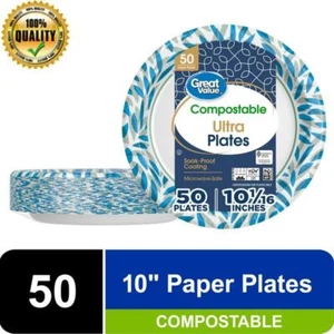 Compostable Heavy Duty Disposable Paper Plates 10 Inch 50 Count Microwave Safe - Picture 1 of 4