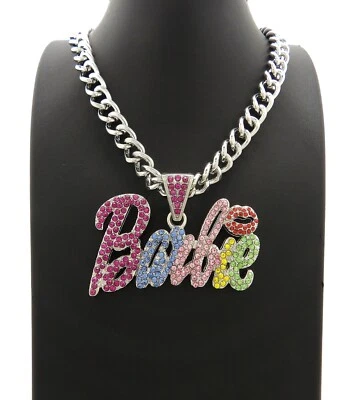 Nuevo Barbie Colgante Multi Piedra 9mm 18" Collar Cadena Cubana Chapado en Oro Blanco* Foto 1 de 4