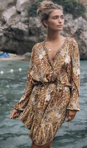 Spell & The Gypsy Womens Brown Bianca Floral Tunic Dress Boho Festival Sz XS NEW - Picture 1 of 9