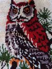 Vintage 1970s Owl finished Latch Hook Rug Tapestry wall hanging MCM 19X26