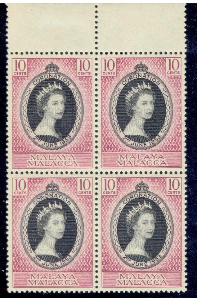 MALAYA (Malacca) 1953 Coronation (Block of 4) CV $4.00 - Image 1 of 1