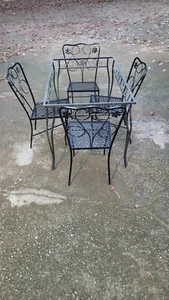 Black Vintage Wrought Iron Patio Furniture Set Table 4 Sandblasted Chairs  - Picture 1 of 24