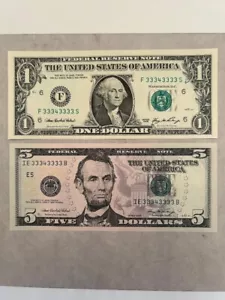 2006 $5 & $1 FRN Gem CU near Solid Same Serial Number seven 3's total 2 notes - Picture 1 of 4