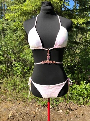 NEW Pink Sequin Jeweled Rhinestone Swimsuit Bikini Size S Cheeky Side Tie Bottom - Image 1 of 4