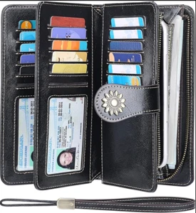 Womens Large Capacity Genuine Leather RFID Blocking Wallets Wristlet Clutch Card - Picture 1 of 6