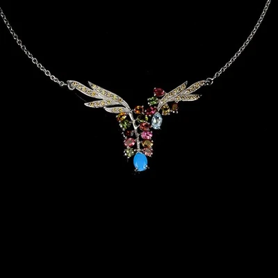 925 Sterling Silver Necklace Oval Blue Opal 7x5mm Tourmaline Gemstone Jewelry 18 - Image 1 of 4