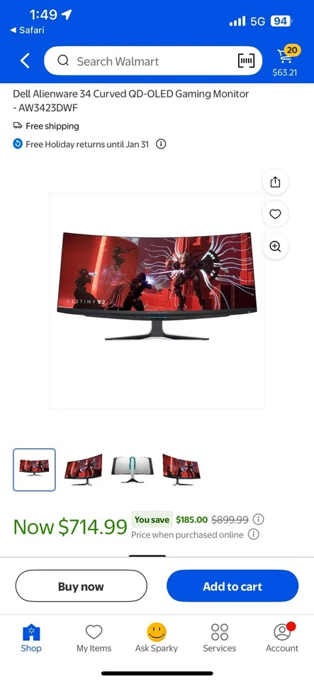 Alienware 34-in Ultrawide Oled 165hz Curved Gaming Monitor - Image 1 of 3