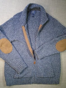 Lucky Brand Zipper Sweater Jacket Men's Large 32% Wool Zip-Up Blue Elbow Patches - Bild 1 von 9