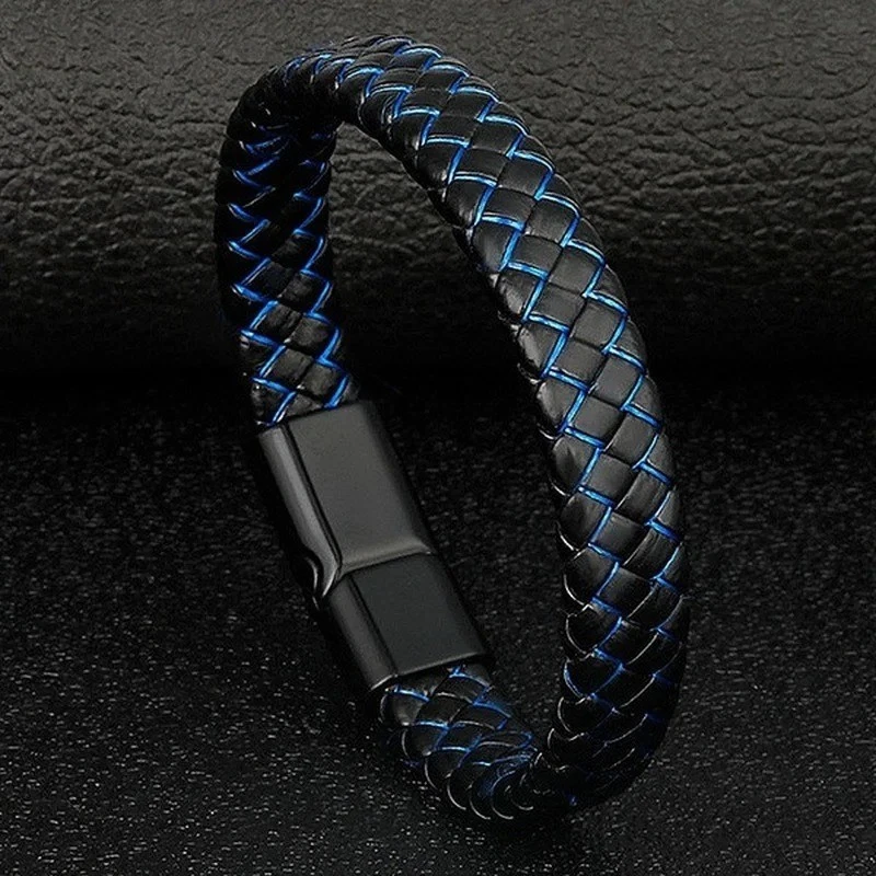 Brazalete trenzado de cuero genuino para hombre negro con cierre de acero inoxidable P Foto 1 de 4