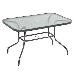 Garden Dining Table Glass Top Outdoor Patio Furniture Umbrella Parasol Hole Grey
