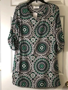 Peach Love California NWT Sz M Navy Green Geometric Print ¾ Sleeve Tunic Dress - Picture 1 of 6