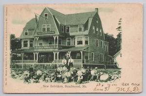 1906 Belvidere Hotel Beachwood Maine Gäste vor der Tür antike Postkarte - Bild 1 von 2