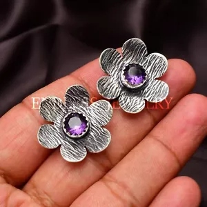 Amethyst Gemstone Ethnic 925 Sterling Silver Handmade Jewelry Earrings 0.75" - Picture 1 of 6