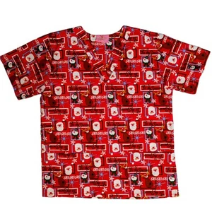 Hub-A-Dub Scrubs Christmas Scrub Top Size Women's Sz L Pockets Santa Snowman - Picture 1 of 8
