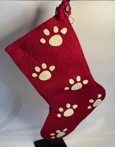 100% Wool Arcadia Home 19" Christmas Stocking Dog Lover Paws Felted Applique - Picture 1 of 9