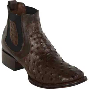 Los Altos BROWN Genuine Ostrich Full Quill Ankle Boots Square Toe EE 82BV0359 - Picture 1 of 6