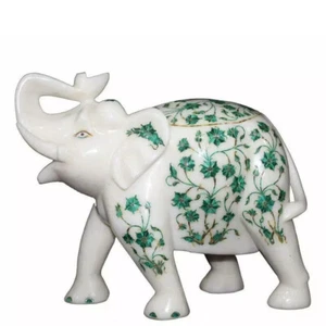 Maqueta de elefante de mármol blanco de lujo de 10" con incrustación floral de piedra de malaquita decoración del hogar - Imagen 1 de 5