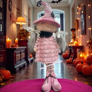 Muñeca bruja de pie de felpa rosa de Halloween puerta mayor 22"" murciélago brillante nueva - Imagen 1 de 7