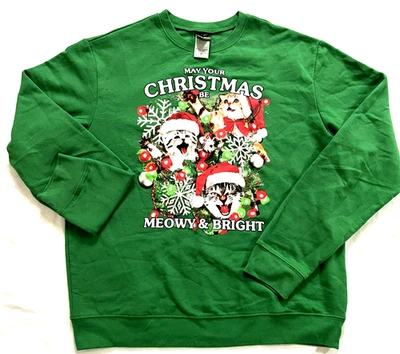 Pullover Fifth Sun para mujer tema gato Navidad vacaciones festivo divertido algodón verde Foto 1 de 4