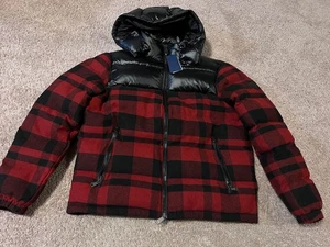 Polo Ralph Lauren down feather hooded buffalo plaid red black coat jacket M - Picture 1 of 10