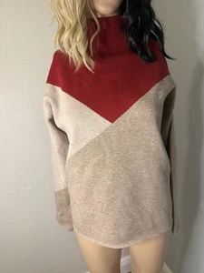 Tahari Red & Tan Color Block Pullover Mock Neck Sweater Sz S - Picture 1 of 7