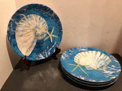 Juego de 4 platos de cena International Playa Shells 11"" certificados azul blanco Foto 1 de 4