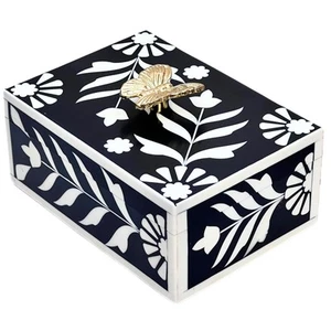 Natural Bone Inlay Box with Shiny Brass Handle Jewelry Organizer Decorative K... - Picture 1 of 8