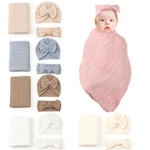 Newborn Baby Infant Cotton Striped Bow Hat Stretch Cap Headband Wrap Blanket Set - Picture 1 of 14