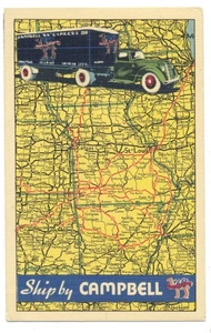 CAMPBELL 66 EXPRESS furgoneta de mudanza camión y mapa del medio oeste años 40 lino AD postal RARA - Imagen 1 de 2