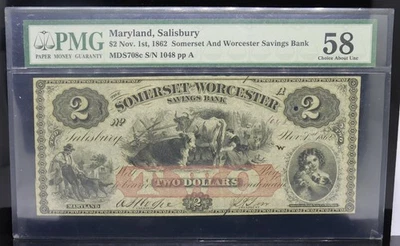 1862 $2 Somerset & Worcester Savings Bank PMG AU58 - Image 1 of 2