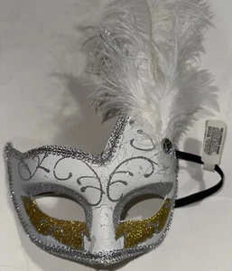 Feather Venetian Mardi Gras Mask Masquerade Mask  Silver White - Picture 1 of 2