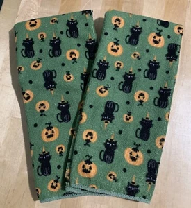 ¡¡PAR DE TOALLAS DE COCINA HALLOWEEN MICROFIBRA!! VERDE CON GATOS NEGROS Y CALABAZAS - Imagen 1 de 3