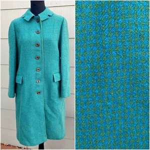 vtg 50s Harris Academia Tweed Teal Green Houndstooth Women's Wool Overcoat Coat - Picture 1 of 12