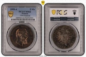 Coin Silver Prussia 5 Mark 1888 Friedrich PCGS MS62 Great Patina Leipzig - Picture 1 of 2