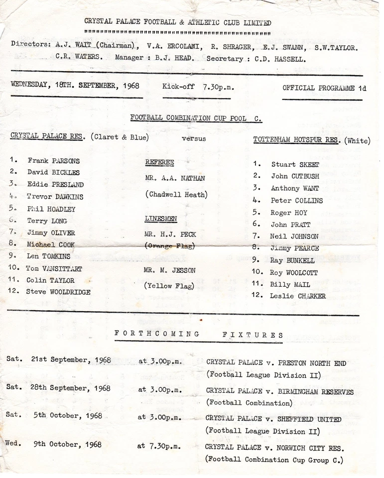 Crystal Palace v Tottenham Reserves Programme 18.9.1968 - Image 1 of 1
