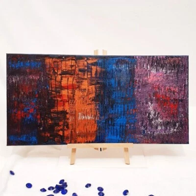 Modern Gold Magenta (See Vid) Orig Abstrac Acrylic Painting Canvas 12x24 Blue - Image 1 of 4