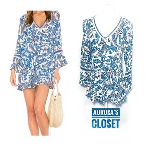 Spell XS Blue Playdress Eitenne Monaco Bell Sleeve Parisian Paisley $260 - Picture 1 of 5
