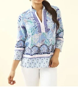 Lilly Pulitzer Asani Tunic Top Blue Peri Lapis Lanterns Silk Blouse Size XS NWT - Picture 1 of 8