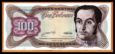 Venezuela AU Note 100 Bolivares Bs March 1989, P-66b (Low Shipping) - Image 1 of 2