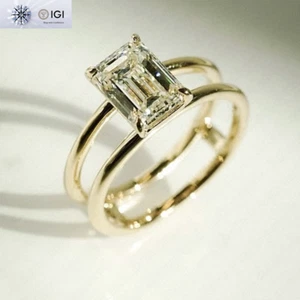 2.00Ct IGI F VS1 Emerald Cut Lab Grown Diamond Engagement Ring 14K Yellow Gold - Picture 1 of 19