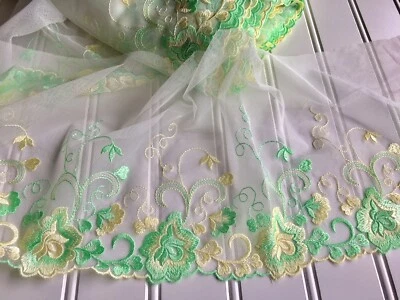 Green Floral Embroidered Lace Trim with White Tulle /Sewing/Bridal/7.5" Wide  - Image 1 of 4