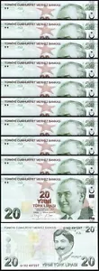 Turkey 20 Lira 2009 - 2022, UNC, 10 Pcs LOT, Consecutive, P-224f,New Sign,Prfx G - Picture 1 of 5