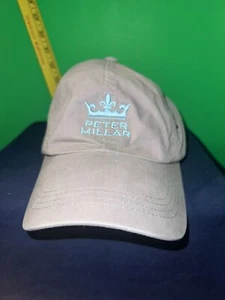 Peter Millar Hat Cap Strap Back Gray Cotton Blue Embroidered Crown Logo Adj - Picture 1 of 4