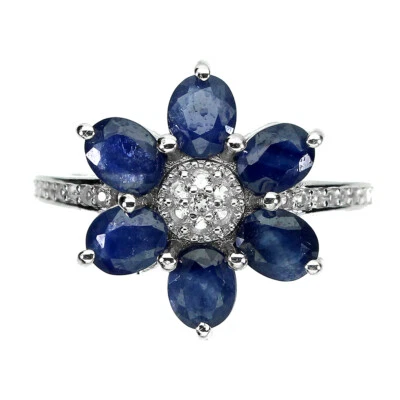 925 Anello Argento Sterling Ovale Zaffiro Blu Naturale Gemma Gioielli Sz - Immagine 1 di 4