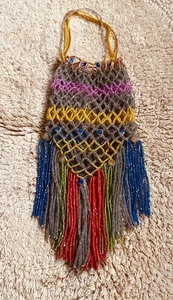 Vintage Hippie Draw String Beaded Fringed Pouch Purse 1960s-70s, Handmade - Picture 1 of 2