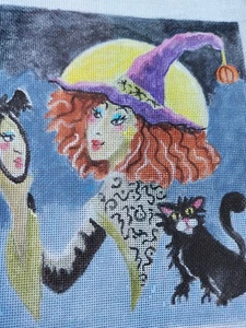 Witch~Full Moon~Halloween~Mirror On The Wall~Black Cat~Needlepoint Canvas - Picture 1 of 3
